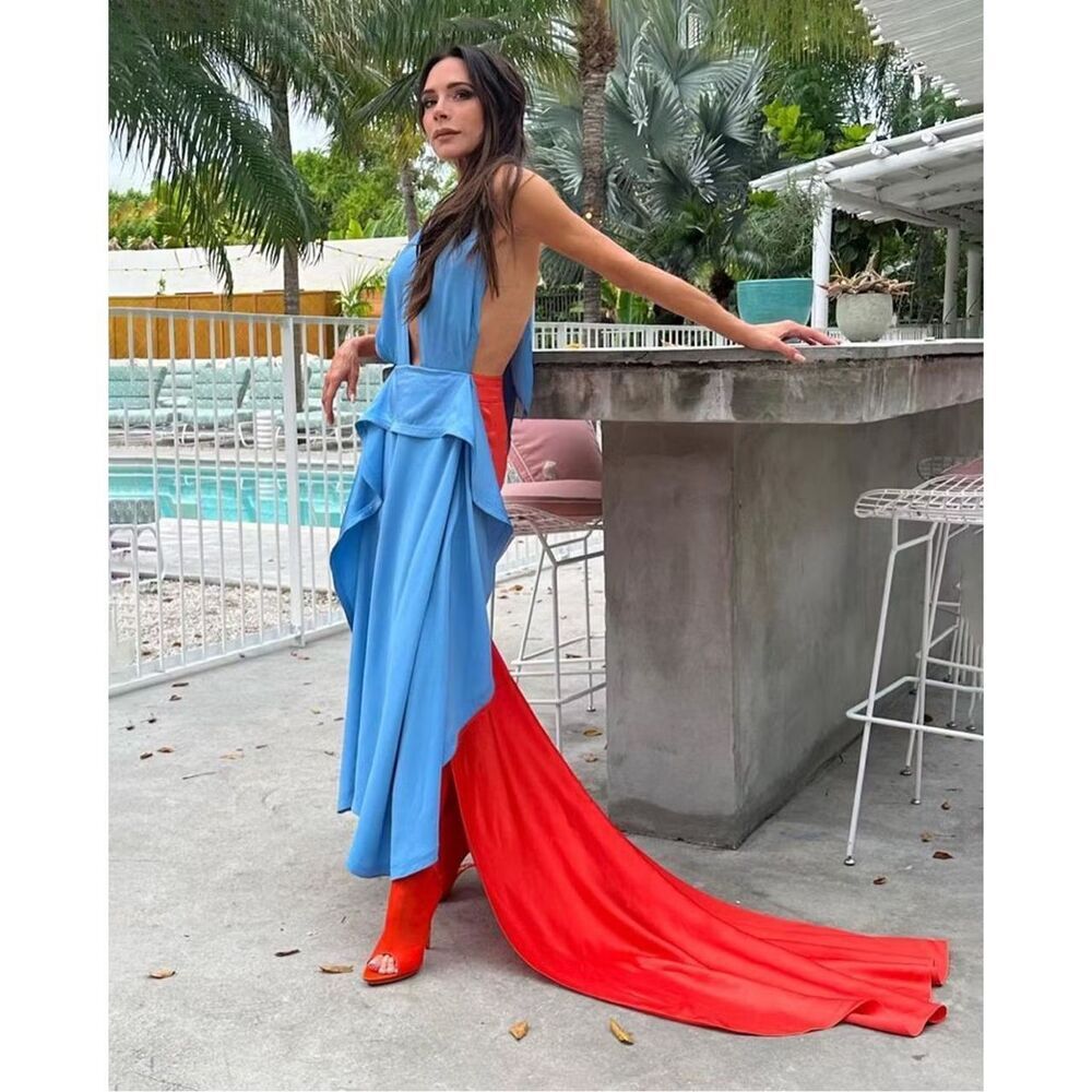 Victoria Beckham Womens Colorblock Circle Draped Dress Blue & Orange Size 4 - Picture 5 of 13